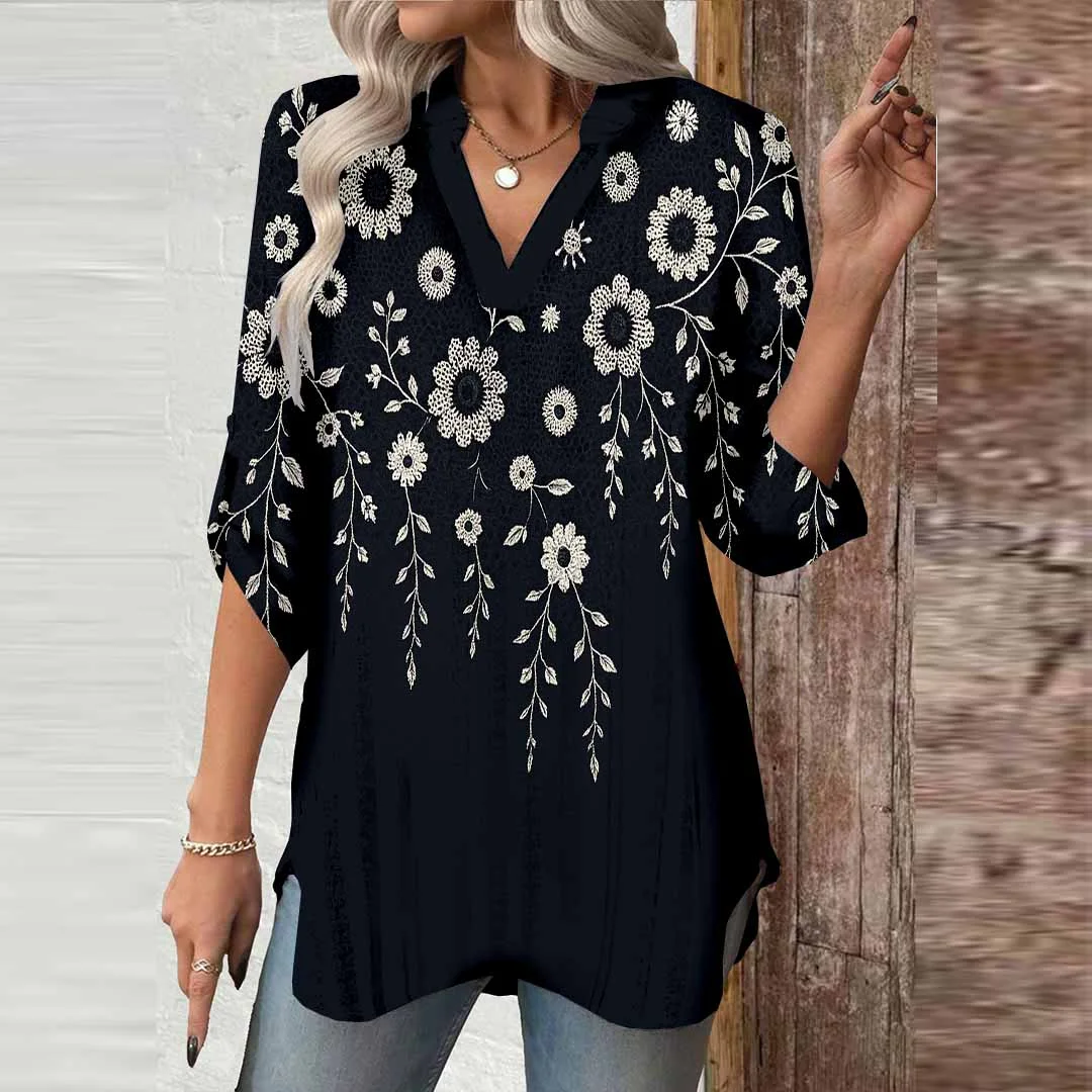 Women Floral, Black, White DZGA0140 3/4 Sleeve V-neck Printed Graphic Button Tops