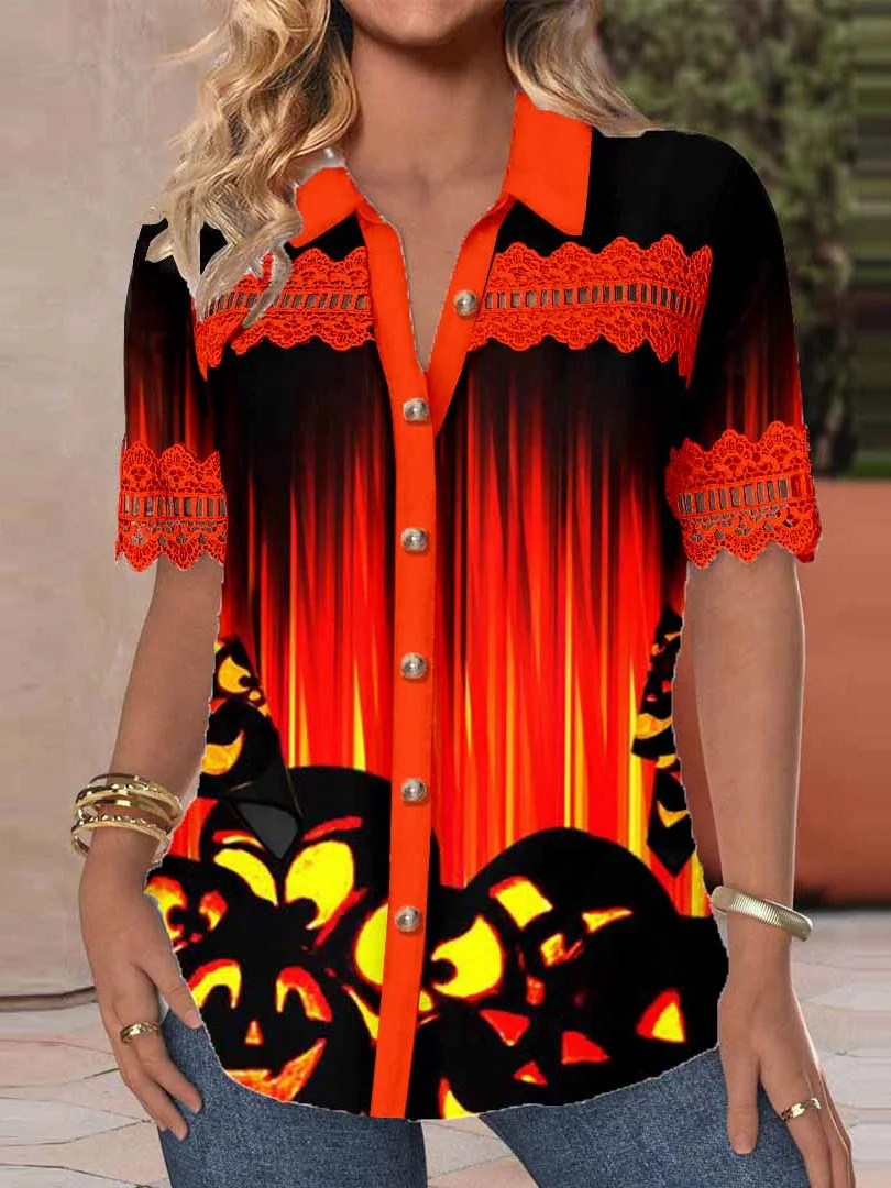 Women Short Sleeve V-neck Pumpkin Printed Graphic Lace Hollow Stitching Button Tops