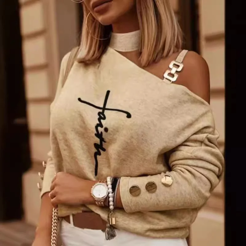 Wongn Wongn Street Style Irregular Shoulder Strap Nail Button Print Long Sleeve Off-Shoulder T-Shirt