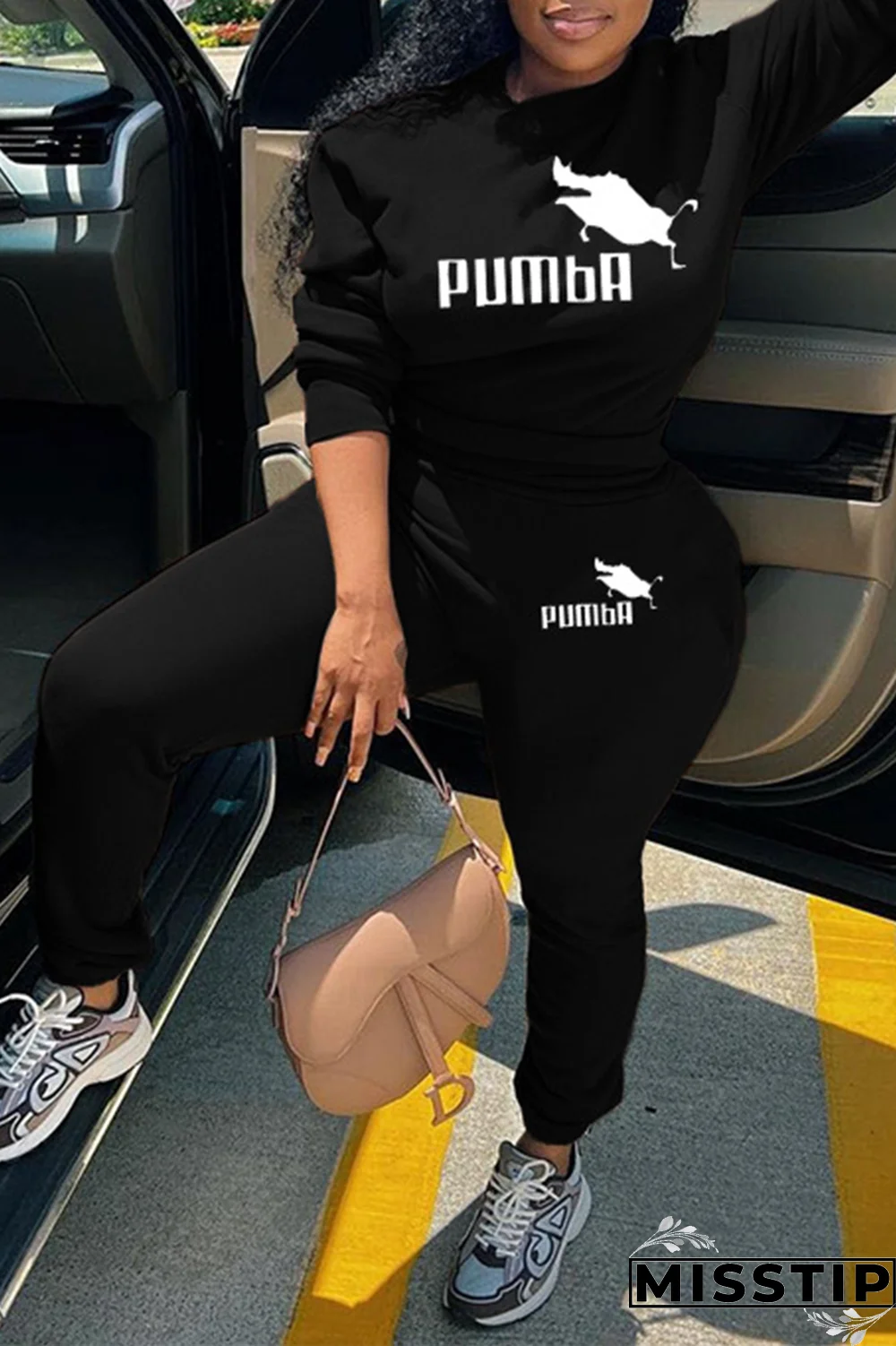 Rose Red Street Print Patchwork O Neck Long Sleeve Two Pieces