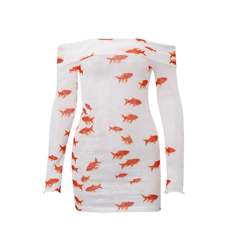 Brownm Brownm Women's Fall 2023 New Ins Web Celebrity Sexy Pure Desire Shoulder Goldfish Print Long Sleeved Dress