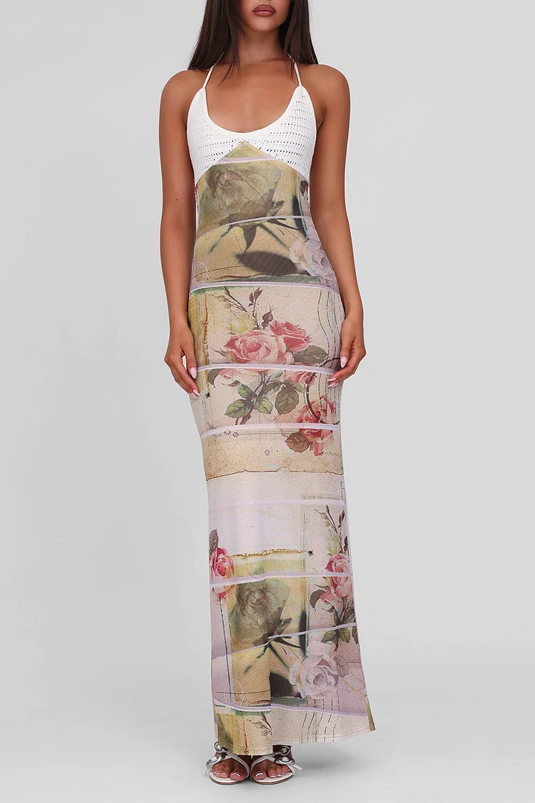Knit Patchwork Halterneck Floral Print Slim Fit Maxi Dresses-White [Pre Order]