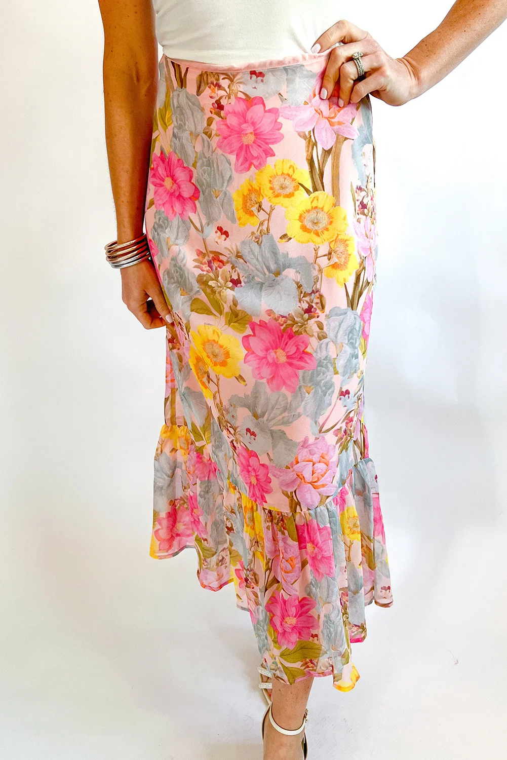 Pink Zipped Ruffle Hem Floral Midi Skirt | IFYHOME