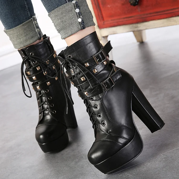 Black Vegan Platform Ankle Boots with Chunky Heel and Rock Studs Vdcoo