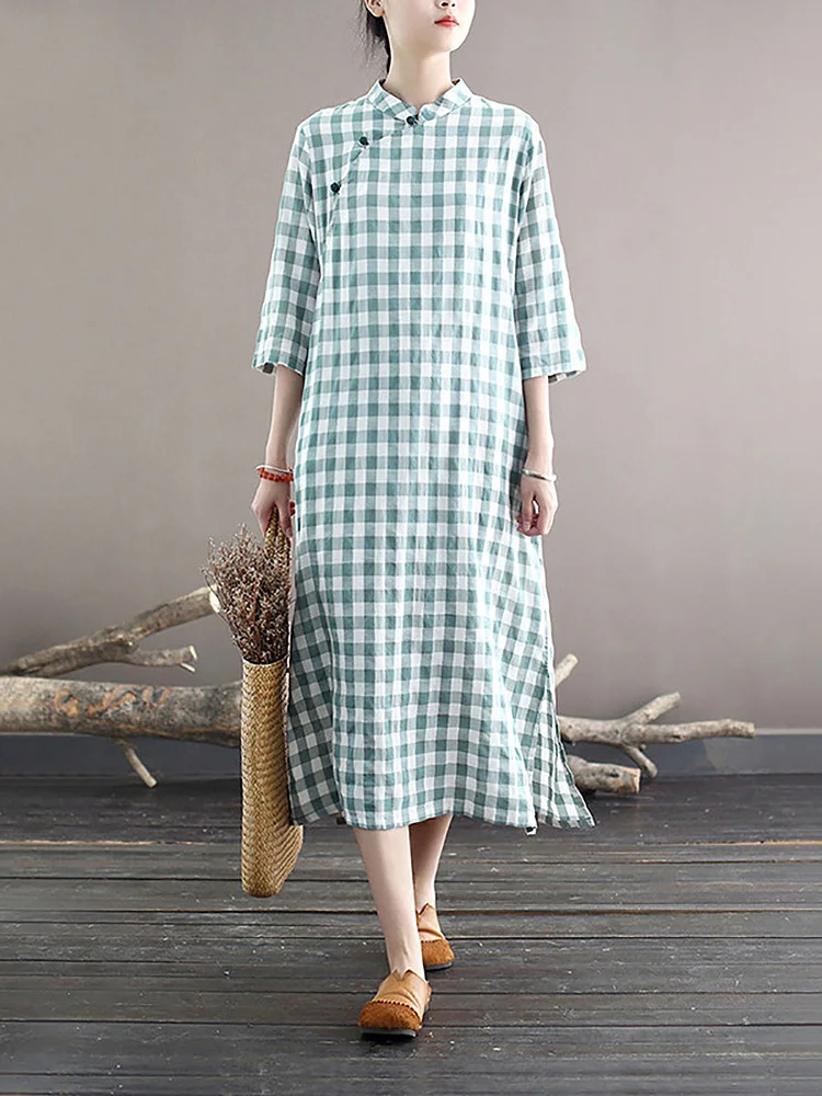 Women Summer National Button Plaid Loose Robe Dress