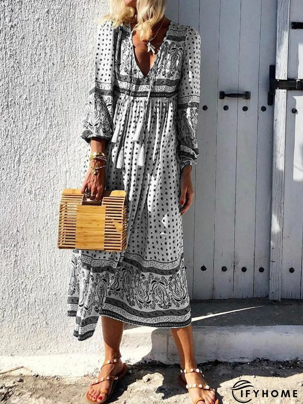 Women Daytime Boho V-Neck Printed Paneled Dress | IFYHOME