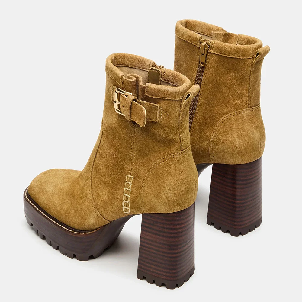 Brown Square Toe Buckle Platform Short Boots for Women with Zipper 