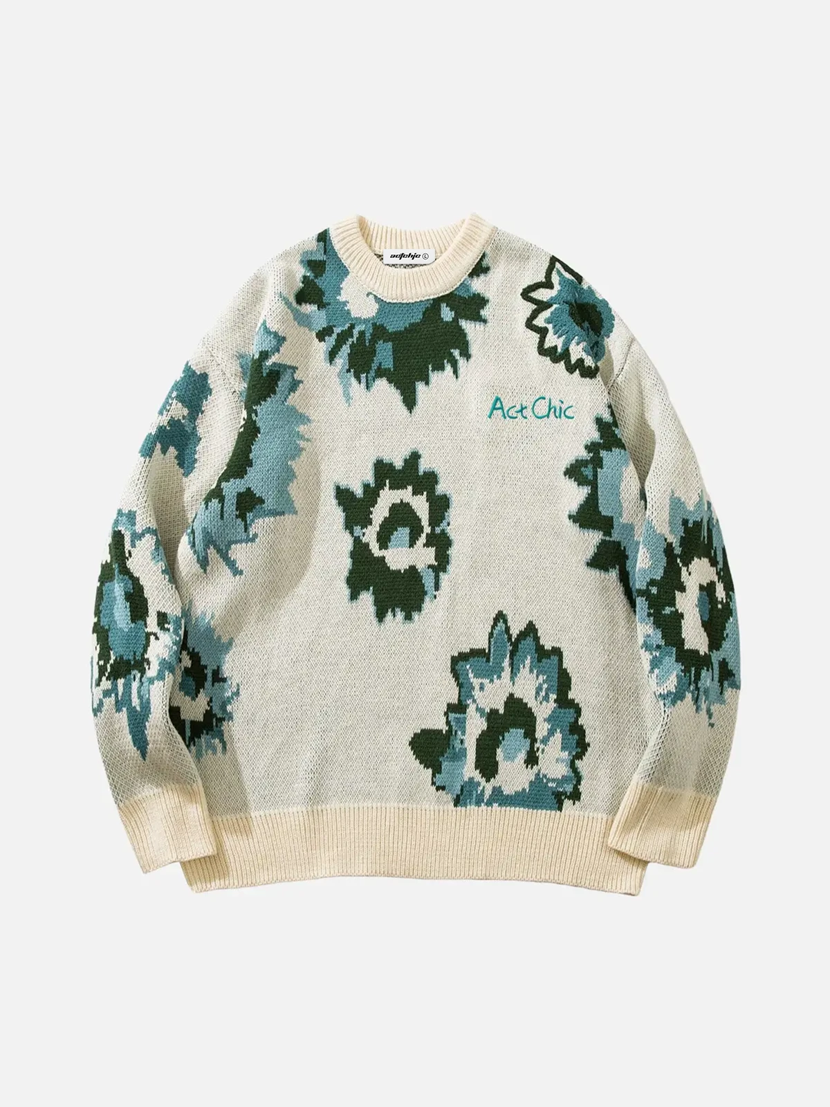 Beige Painting Style Sunflower Jacquard Knit Sweater Front