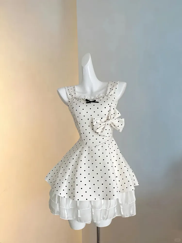 Black and white polka dot sleeveless tulle dress