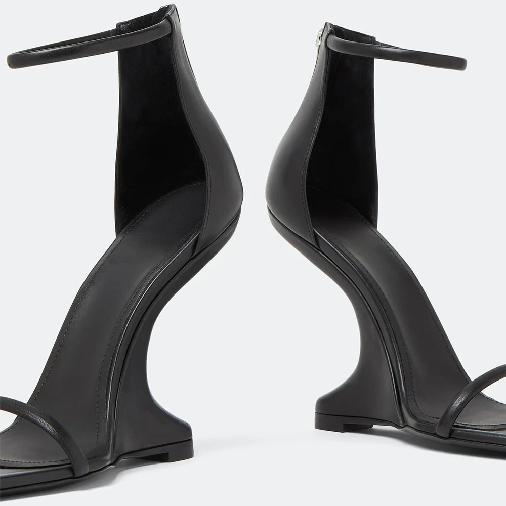 Black Square Toe Ankle Strap Buckle Wedge Sandals for Women