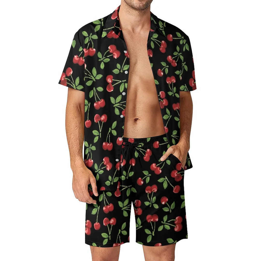 Whimsical Ripe Red Cherries Black Background Men Hawaiian Button Down 2 Piece Shirt Shorts Set Beach Tropical Hawaii Suits