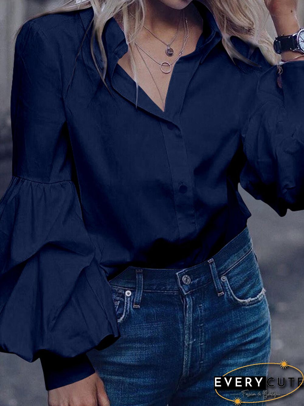Solid Color Turn Down Collar Button Down Bishop Blouse