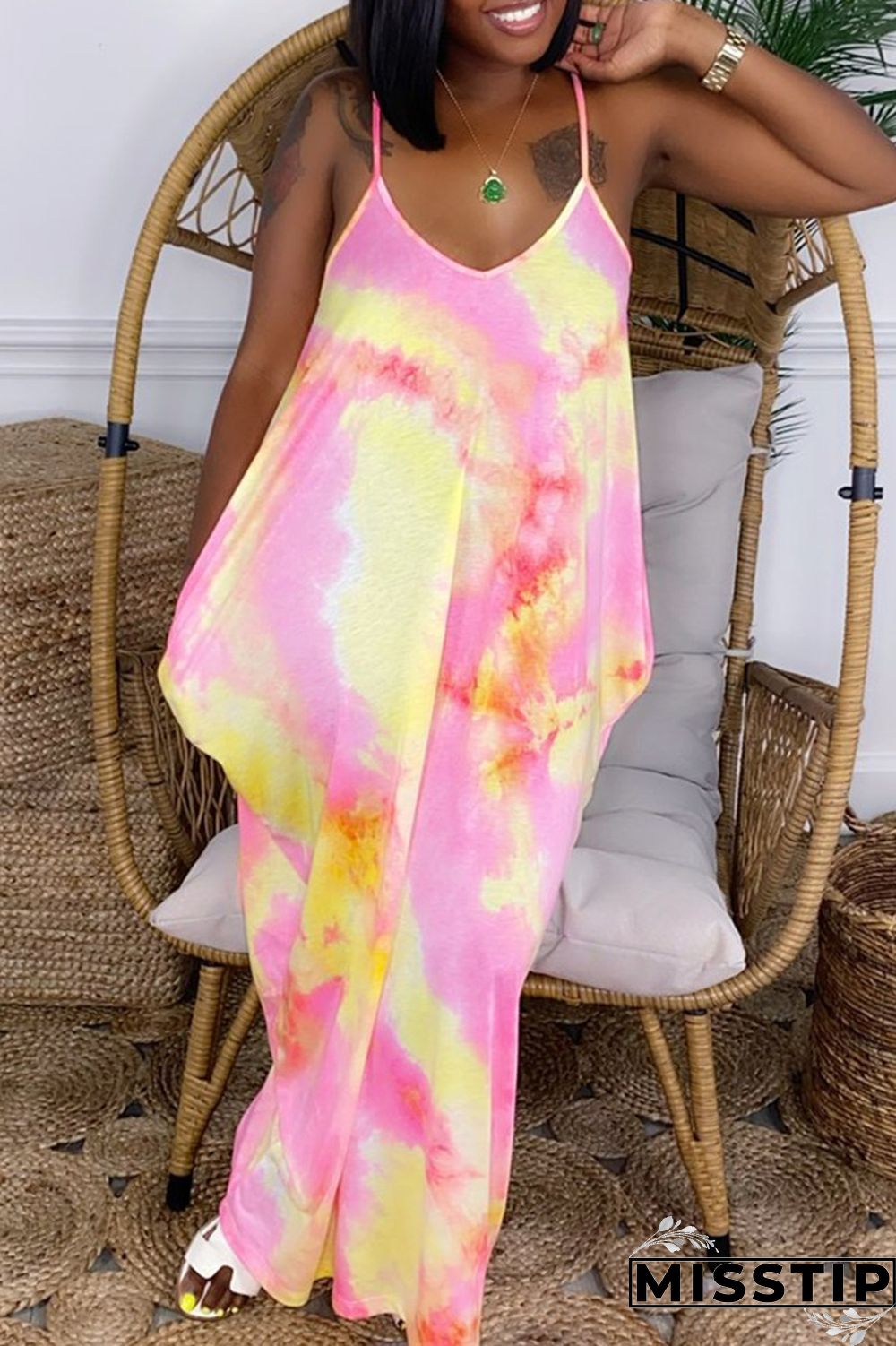 Orange Fashion Sexy Tie Dye Printing Spaghetti Strap Sleeveless Dress