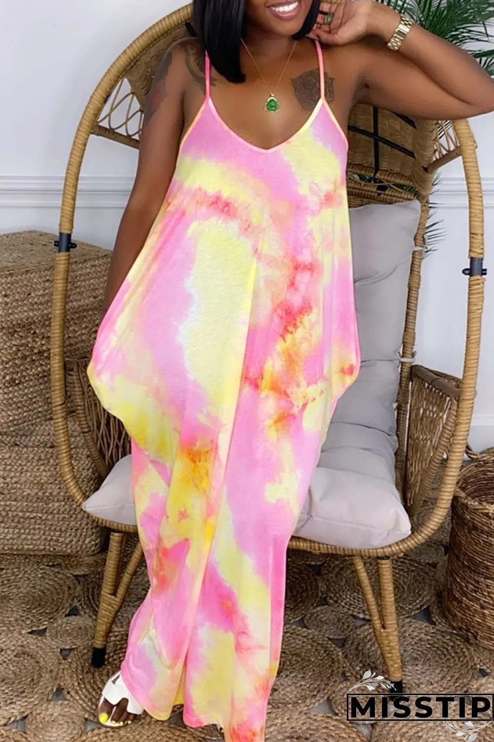 Orange Fashion Sexy Tie Dye Printing Spaghetti Strap Sleeveless Dress