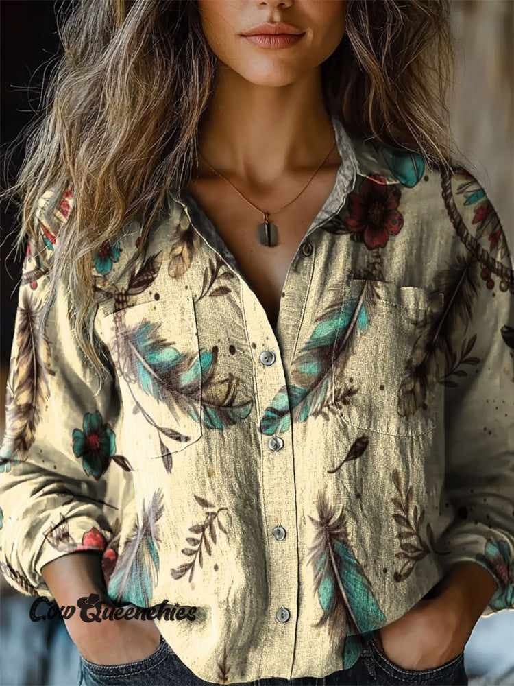 Women’s Boho Feather Art Print Casual Long Sleeve Comfortable Cotton Shirt Multicolor / S