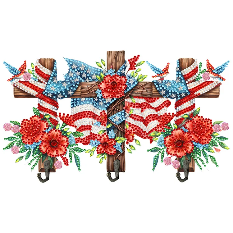 Wooden Independence Day Flag & Rose Rhinestone Painting Hook for Home Decor gbfke