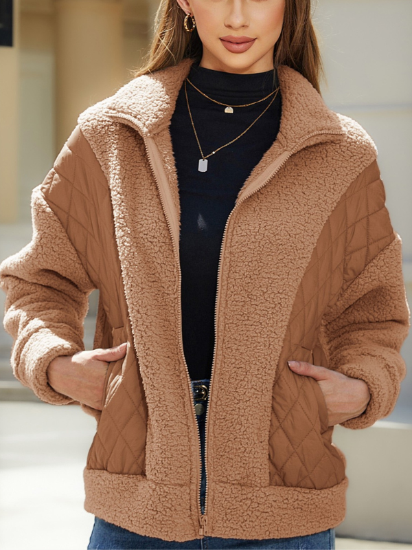 Women's Casual Jacket Lapel Zipper Plush Patchwork Cardigan Jacket Coat