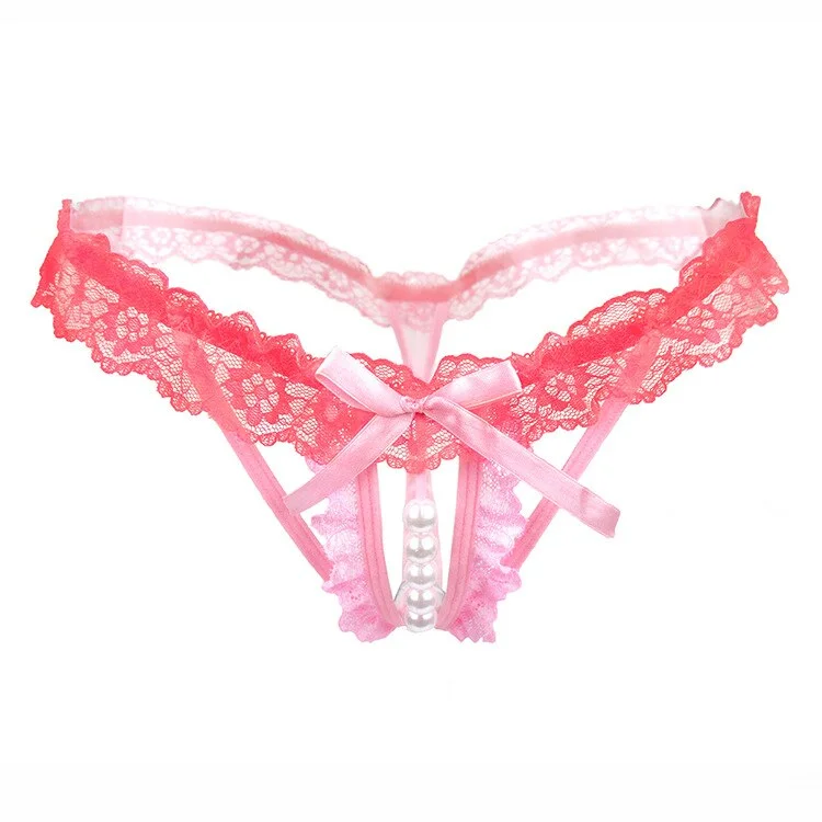 Openwork Sexy Women's Panties, Pearl Decorated, Open Crotch, Temptation, Lace Tong, Transparent Stretch T-pants