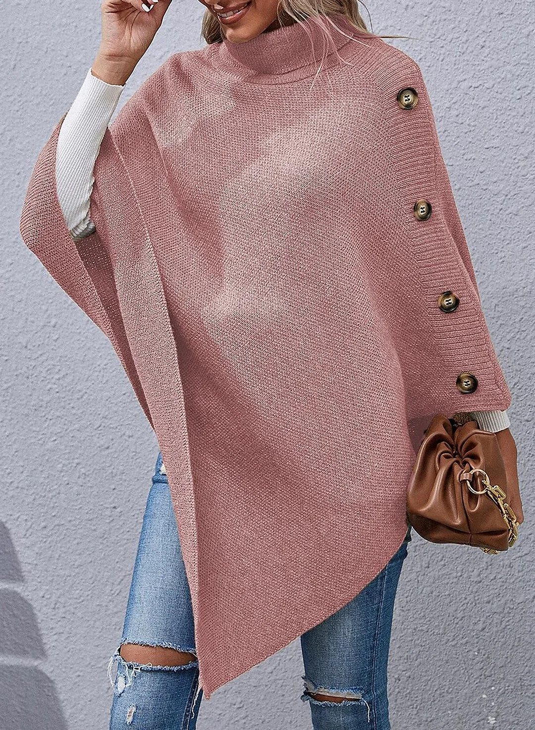 Autumn And Winter Button High-neck Irregular Sweater Shawl Cloak