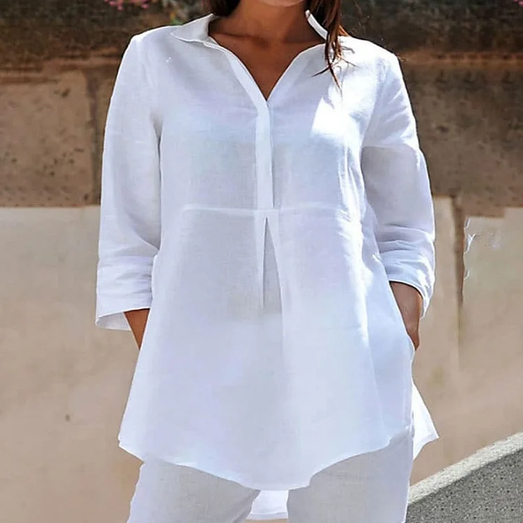 Cotton and linen solid color lapel slit dovetail three-quarter sleeve women's shirt socialshop