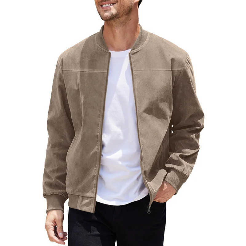 Men's Vintage Outdoor Suede Solid Color Zipper Long Sleeve Jacket
