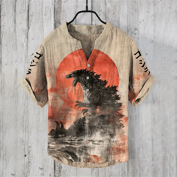 Sunrise And Godzilla Japanese Art Print Henry Collar Shirt