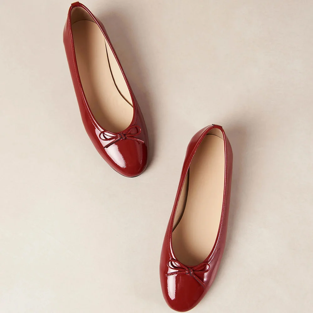  Red Women's Patent Leather Round Toe Comfy Flat Pumps Nicepairs