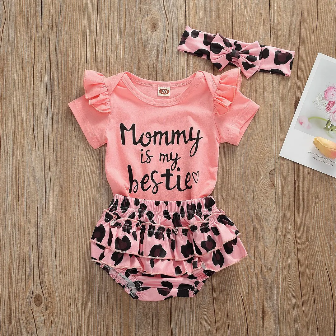 2020 Baby Summer Clothing Newborn Infant Baby Girls Ruffle Tops Jumpsuit Romper + Leopard Tutu Shorts Pants Headband Outfits Set