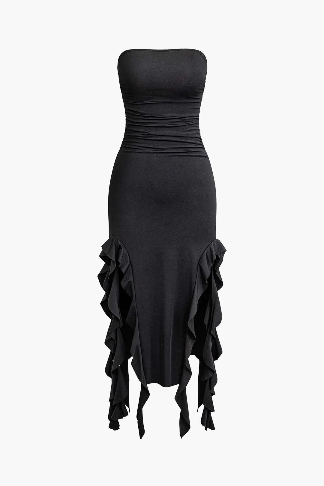 Brownm flounce hem maxi dress with ruched bodice