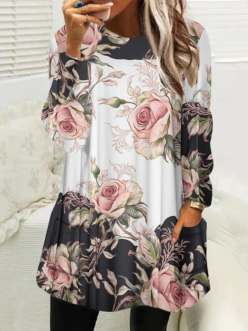 Women Long Sleeve Scoop Neck Floral Printed Graphic Pockets Fleece Lined Tops