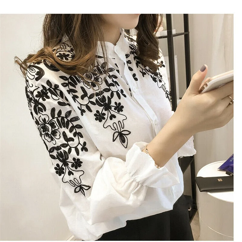 2019 New Women Fashion Embroidery Blouse Shirt Top OL Female Long Sleeve Office Lady Casual Floral Shirts Blouses Tops Plus Size