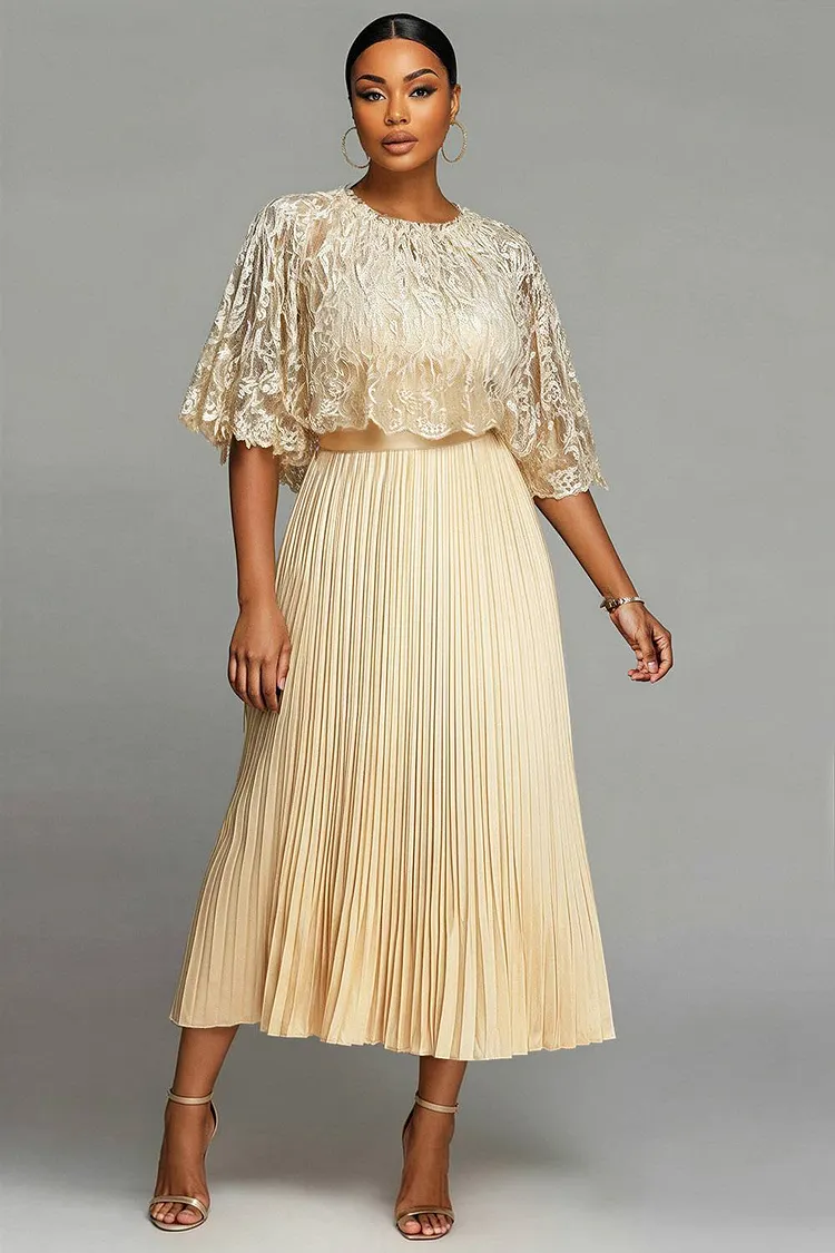 Xpluswear Design Plus Size Formal Yellow Round Neck Half Sleeve Pleated Lace Two Piece Skirt Sets [Pre-Order] 2024 - Xpluswear