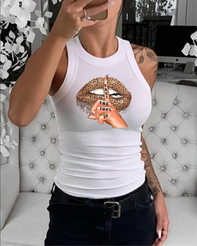 Lip print crew neck vest