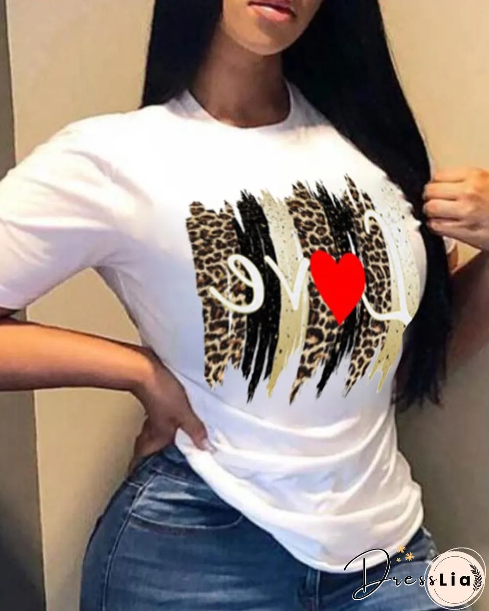 Leopard Letter&Heart Print Short Sleeve T-shirt