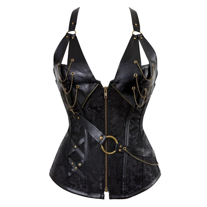 Billionm Sapubonva steampunk corsets and bustiers halter plus size corset pu leather gothic punk corset zip burlesque basque costume sexy