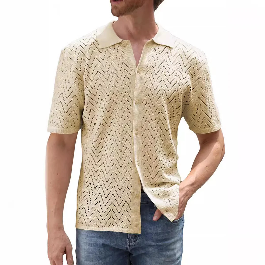 Mongw Mongw Men's Casual Knit Shirt Summer New Hollow-Out Breathable Cool Short-Sleeved Jacket Cardigan Men's Wear