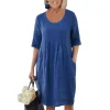 Robe tunique unie en lin avec poches et col rond pour femme