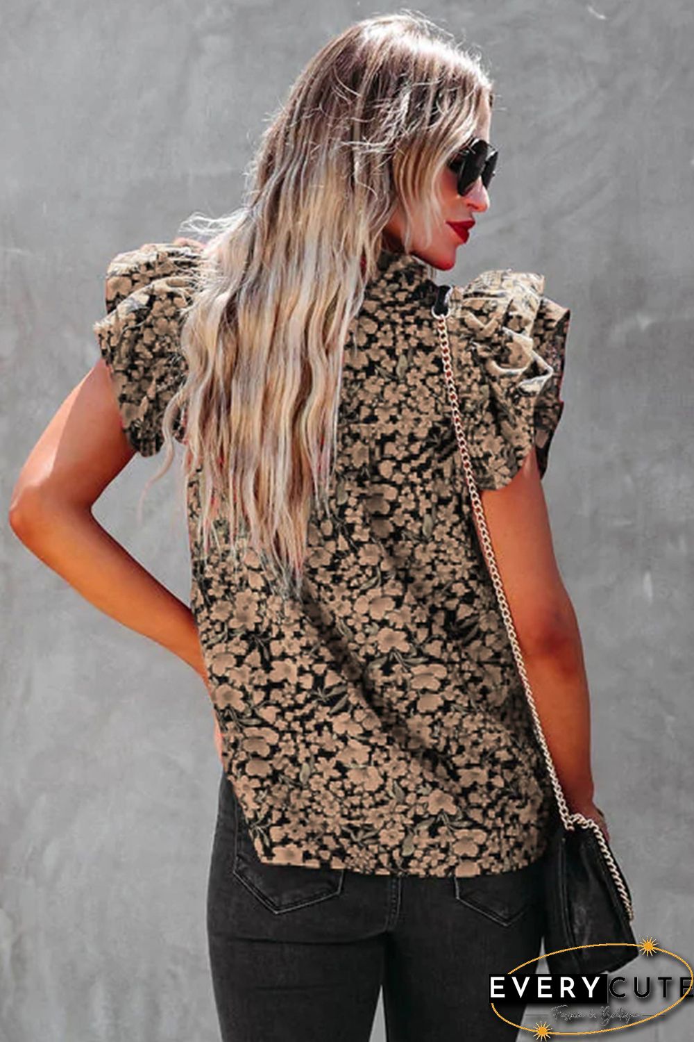 Khaki Floral Print Tiered Flutter Sleeve V Neck Top