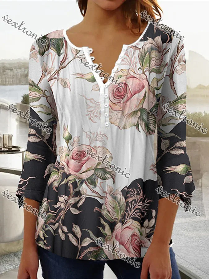 Women's Black and White Long Sleeve V-neck Graphic Floral Printed Top