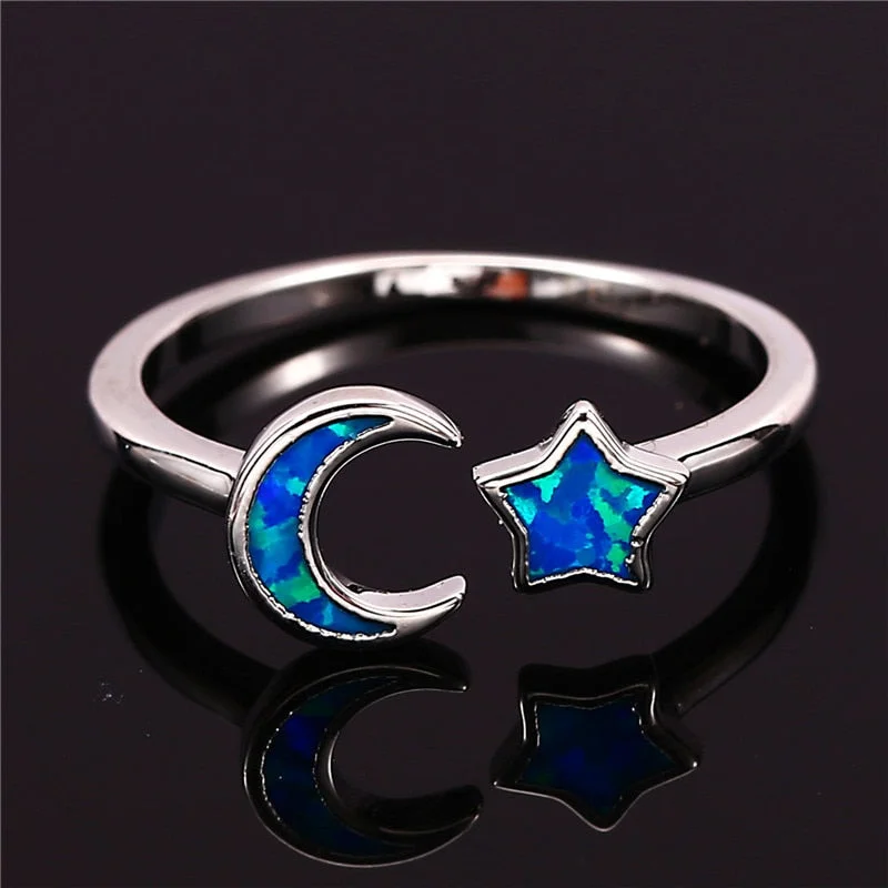 Luxury Female Blue White Fire Opal Stone Ring Silver Color Thin Adjustable Ring Charm Crystal Moon Star Wedding Rings For Women