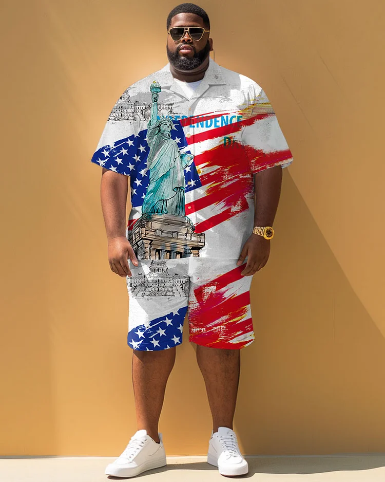 Men's Plus Size Independence Day Flag Statue Of Liberty Print Short Sleeve Shirt Shorts Suit