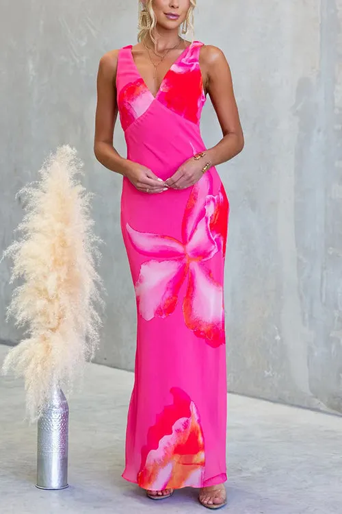 V Neck Sleeveless Floral Print Maxi Dress