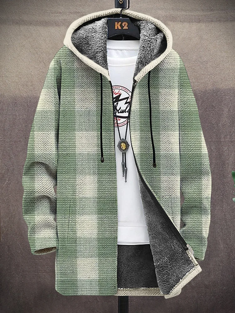 Men's Green Plaid Art Print Fleece Lined Hooded Trench Coat