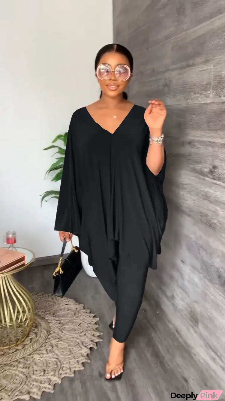 Plus Size Solid V Neck Loose Top And Pants 2 Piece Sets