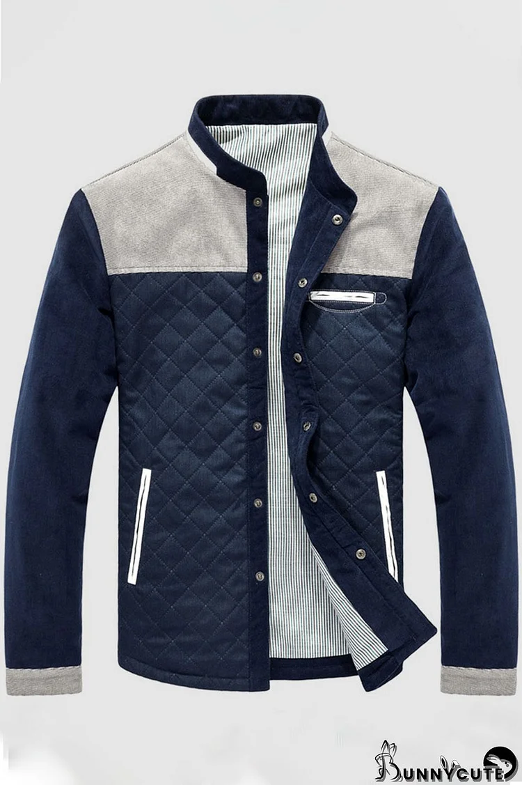 Dark Blue Casual Solid Patchwork Buckle Mandarin Collar Outerwear