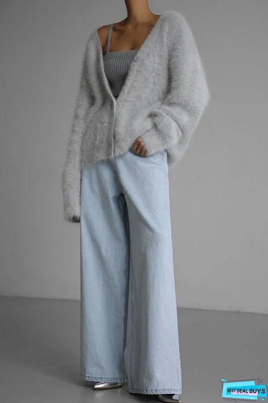 Solid Color Loose V-neck Long-sleeved Lazy Knitted Cardigan