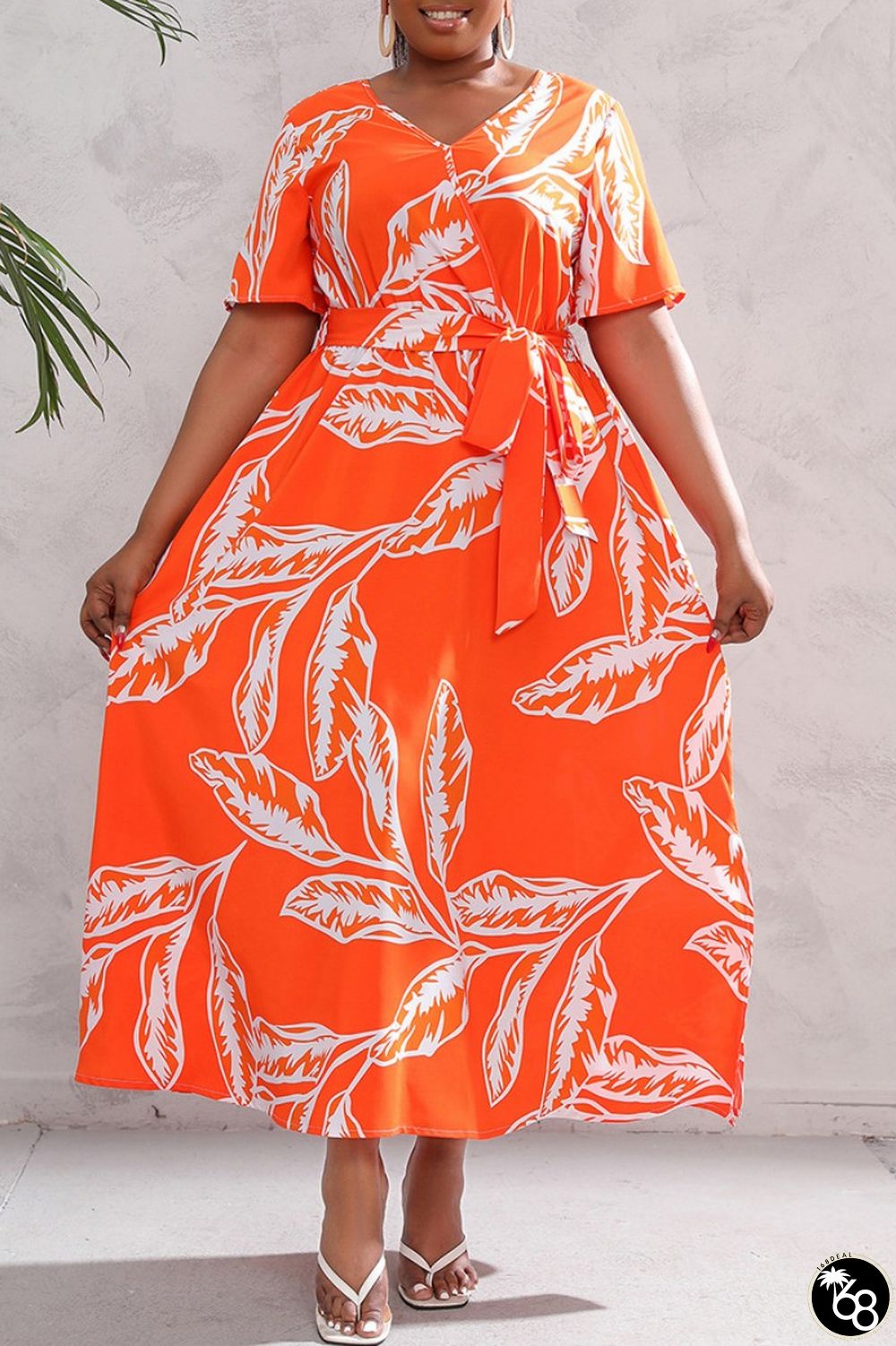 Orange Casual Print Patchwork V Neck Long Dress Plus Size Dresses | 168DEAL