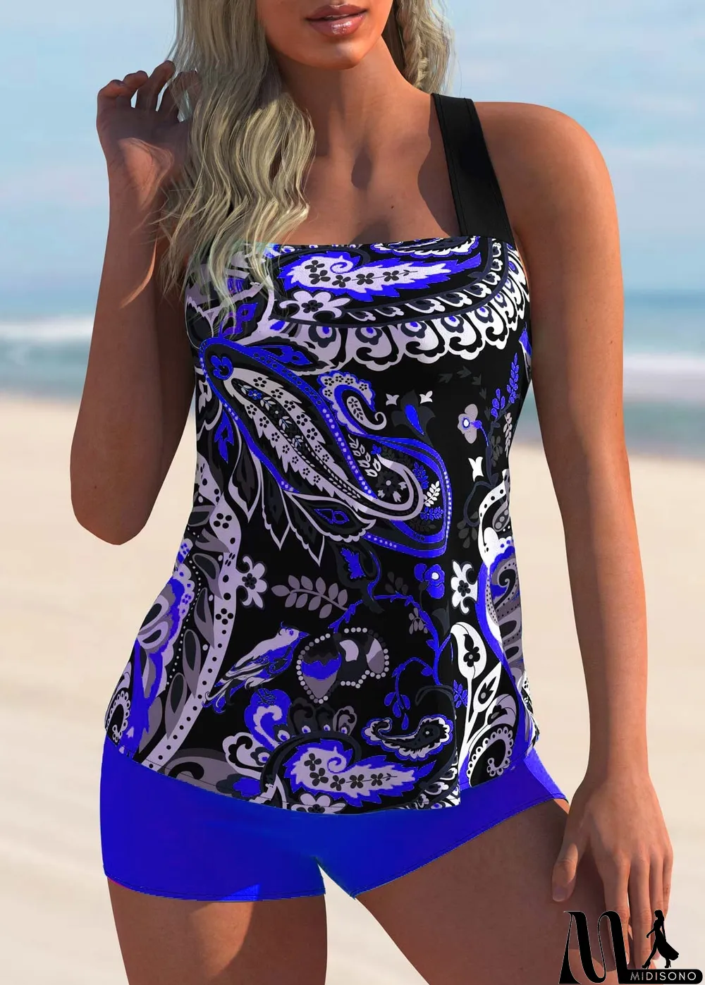 MidiSono - Plus Size Swimwear Sleeveless Floral Printed Geometric Tankini