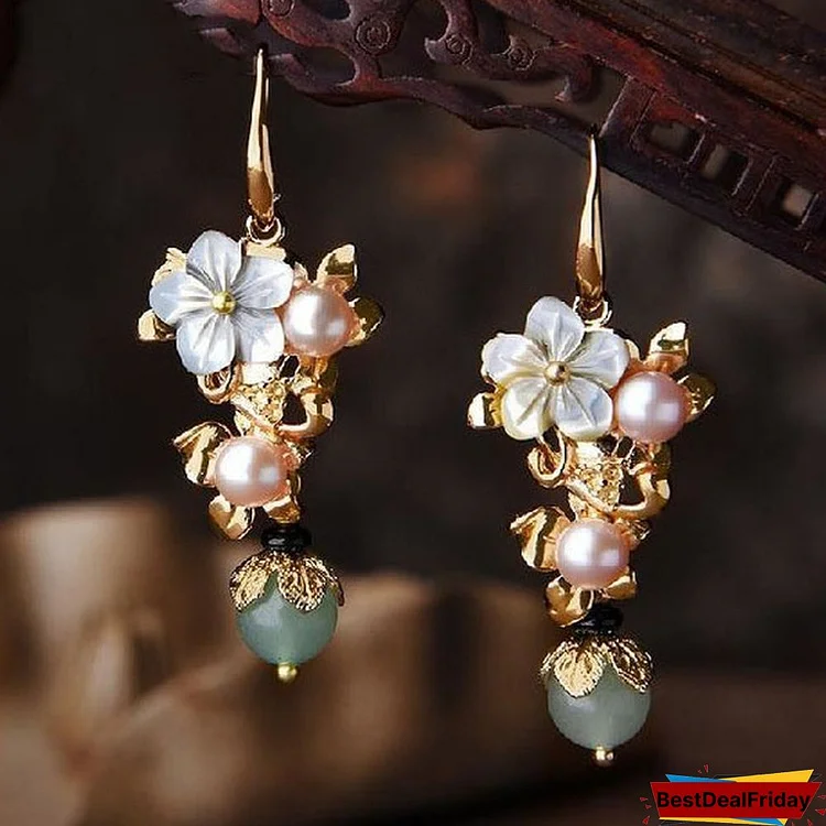 Vintage Freshwater Pearl Stone Bead Dangle Earrings Fashion Jewelry Drop Shell Flower Earrings