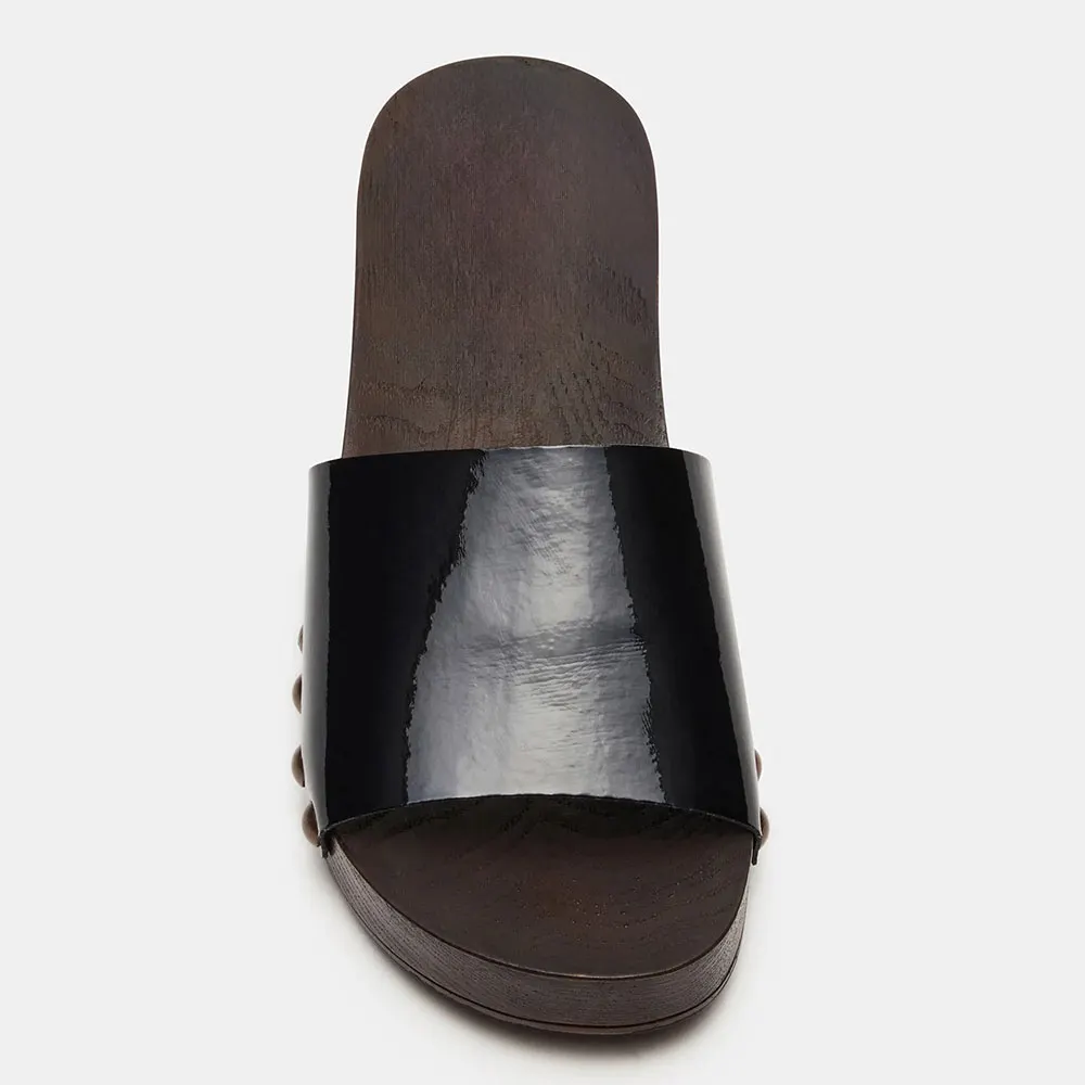 Black Patent Leather Round Toe Chunky Heel Slide Sandals with Studded